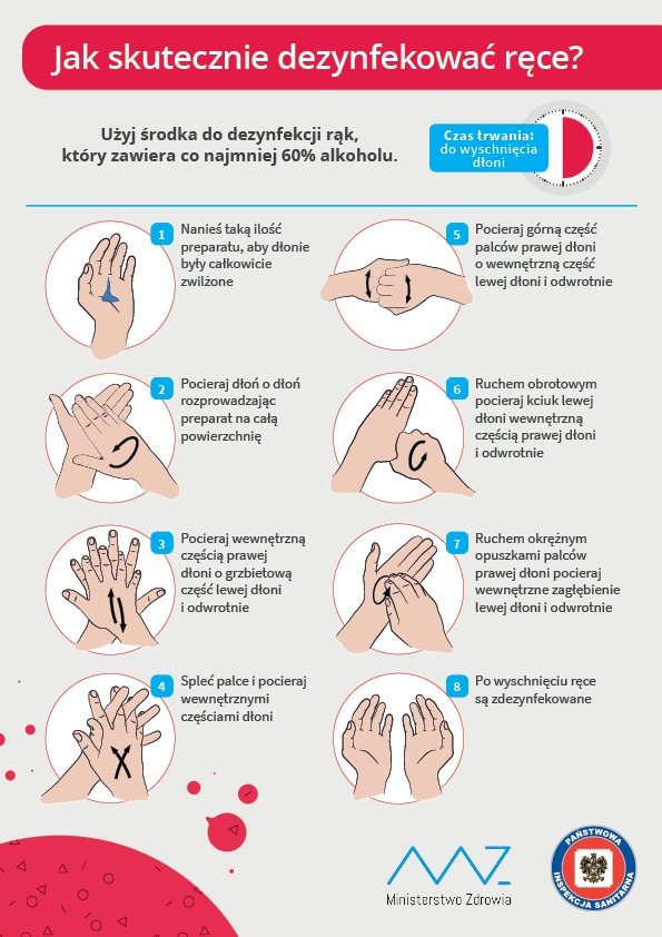 Plakat ze wskazówkami jak skutecznie dezynfekować ręce