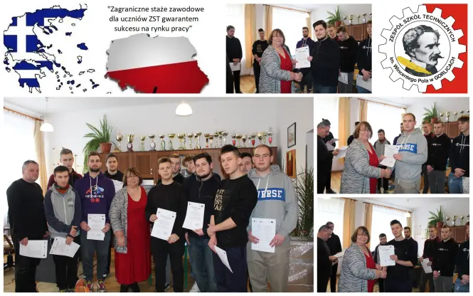 Kolaż zdjęć z wręczania certyfikatów dla uczniów po odbytych zagranicznych stażach zawodowych
